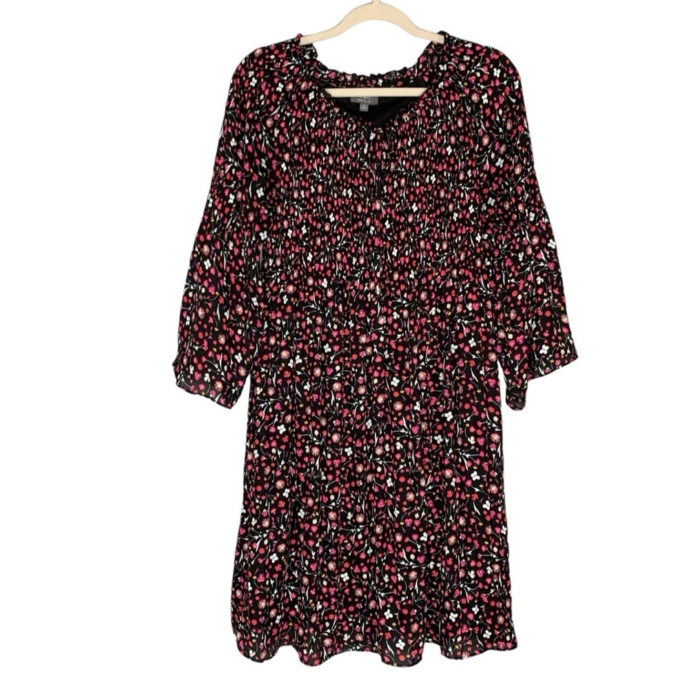 Ninety Clothing Co black smocked‎ pink floral midi dress. EUC Size M